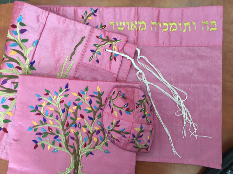 Set Tallit+kippa+Bag Embroidered Silk 16"X70" Emanuel Women Tree of Life Pink