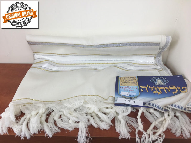 100% Wool Tallit Prayer Shawl in Gold silver Stripes Size 24" L X 72" W
