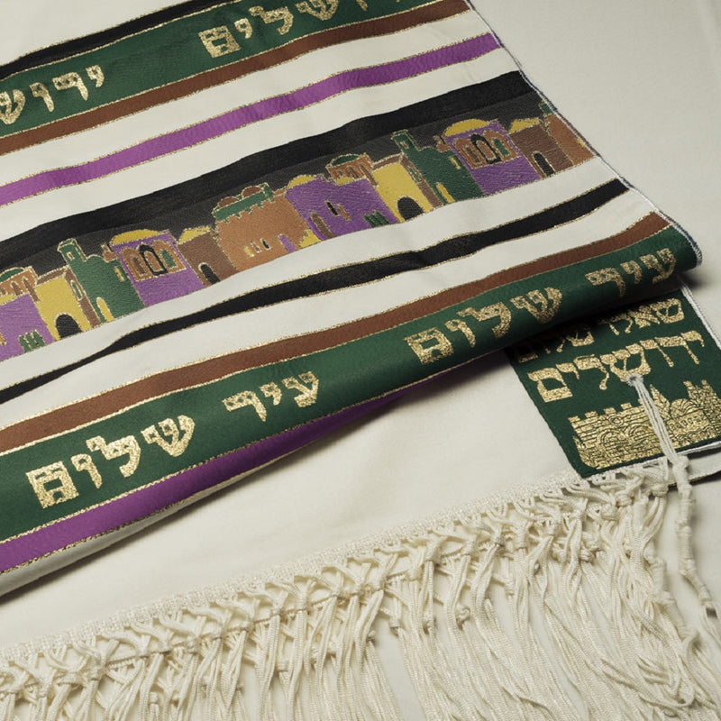 100% Wool Tallit Prayer Shawl Jerusalem Green Size 32" L X 71" W
