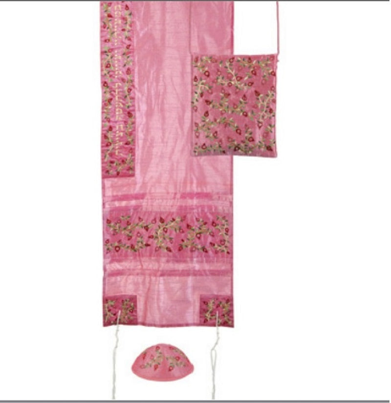 SET Tallit+kippa+bag Embroidered Silk 16"X70" Emanuel Women Tree of life Pink