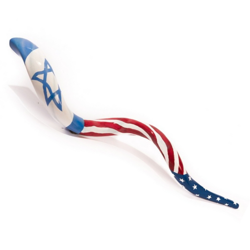 Hand Painted Yemenite kudu Shofar with United States - Israel Flag