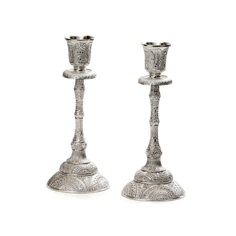 Set Silver Shabbat Candle Holder with Deluxe Engraved Design, Premium Silver Candlestick as Judaica Gift 7.5"