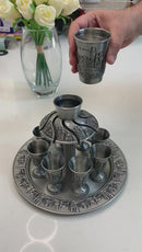 Wine Fountain Kiddush & 8 Goblets Pewter Judaica Jerusalem Design