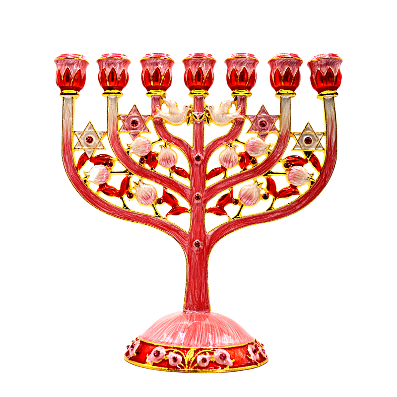 Cohen Tsemach Art & Gift 7 Branch Menorah Candle Holder Crystal Rhinestones Bejeweled Hand-Painted Star of David Enamel Candlesticks Motifs of pomegranates and doves pink