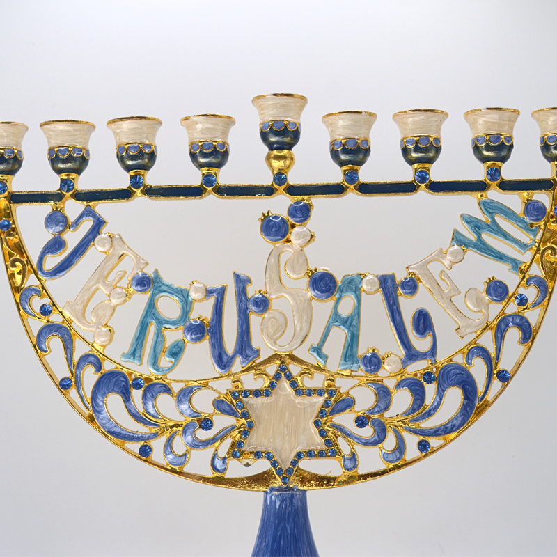 Cohen Tsemach Art & Gift Enamel Menorah Star of David & Jerusalem Hand Painted Hanukkiah Blue