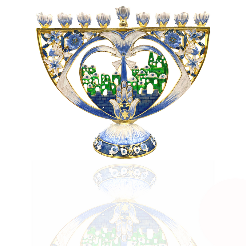 Cohen Tsemach Art&Gift Hanukkiah Blue Enamel Jerusalem pomegranate Menorah amazing menorah, combined with the old city of Jerusalem.