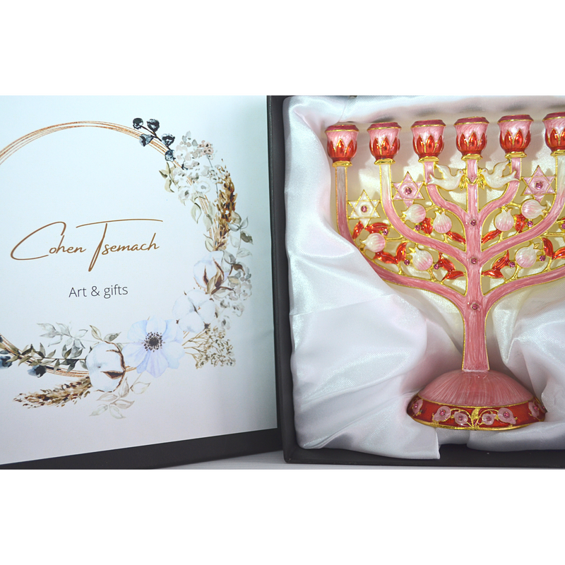 Cohen Tsemach Art & Gift 7 Branch Menorah Candle Holder Crystal Rhinestones Bejeweled Hand-Painted Star of David Enamel Candlesticks Motifs of pomegranates and doves pink