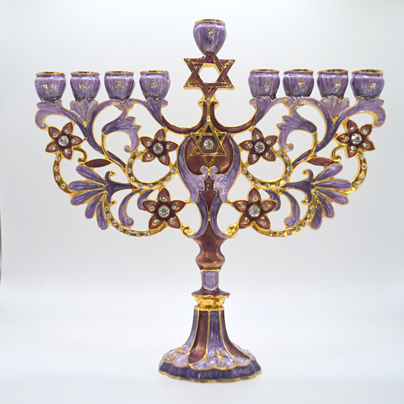 Cohen Tsemach Art & Gift Hand Painted Enamel Menorah Star of David purple Hanukkiah hanukkah