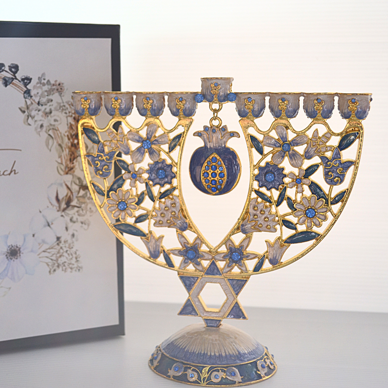 Cohen Tsemach Art&Gift Amazing Menorah Hanukkiah handmade,Blue pomegranate