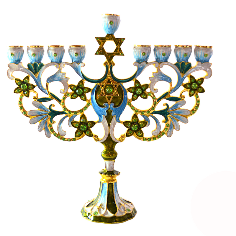 Cohen Tsemach Art & Gift Hand Painted Enamel Menorah Star of David Turquoise Hanukkiah hanukkah