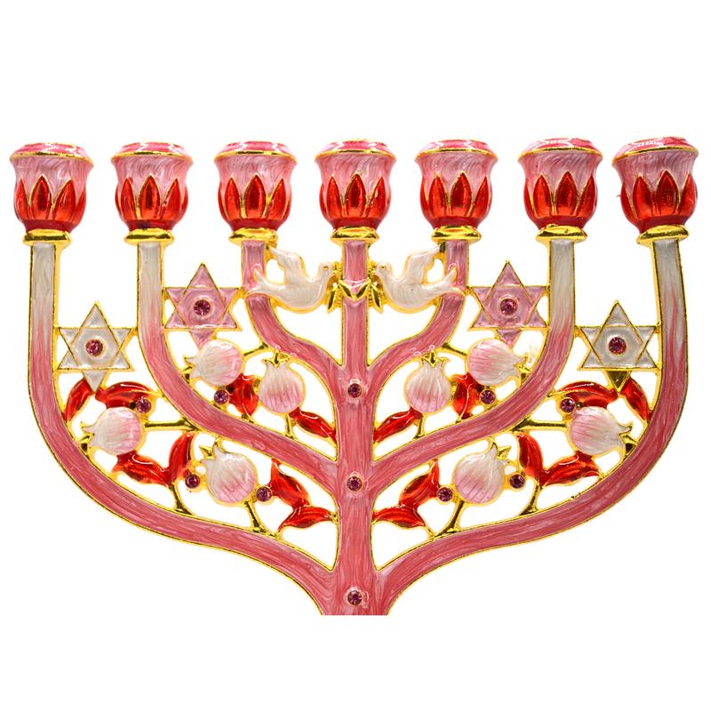 Cohen Tsemach Art & Gift 7 Branch Menorah Candle Holder Crystal Rhinestones Bejeweled Hand-Painted Star of David Enamel Candlesticks Motifs of pomegranates and doves pink