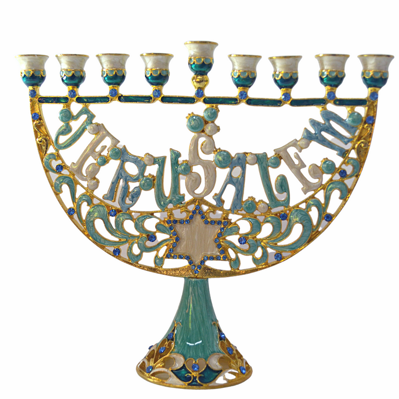 Cohen Tsemach Art & Gift Enamel Menorah Star of David & Jerusalem Hand Painted Hanukkiah Turquoise