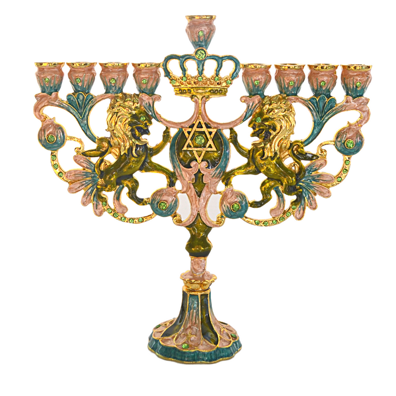 Cohen Tsemach Art&Gift Turquoise Hanukkah Menorah Enamel Lions Star Of David Hanukkiah