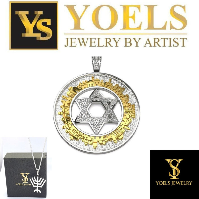 925 Silver and 9k Gold Eilat Stone Jerusalem Necklace,Eilat Stone Pendant