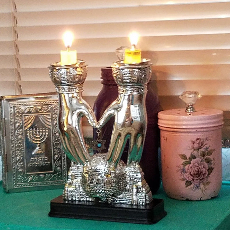 Candle Holders Silver Plated Shabbat Jerusalem Blessing Hands Gift from Israel