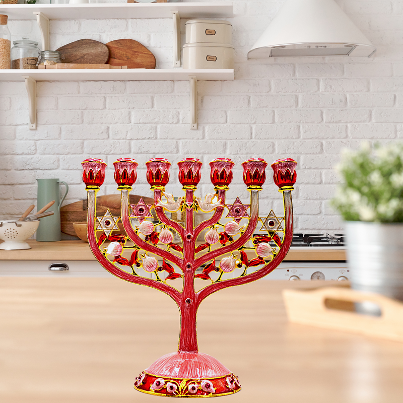 Cohen Tsemach Art & Gift 7 Branch Menorah Candle Holder Crystal Rhinestones Bejeweled Hand-Painted Star of David Enamel Candlesticks Motifs of pomegranates and doves pink