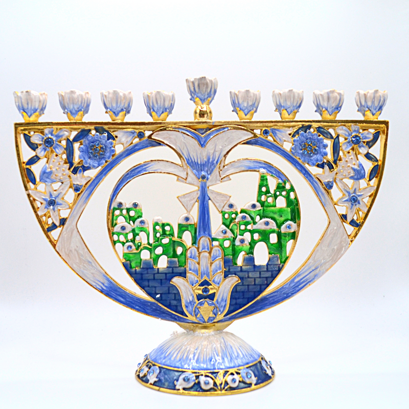 Cohen Tsemach Art&Gift Hanukkiah Blue Enamel Jerusalem pomegranate Menorah amazing menorah, combined with the old city of Jerusalem.