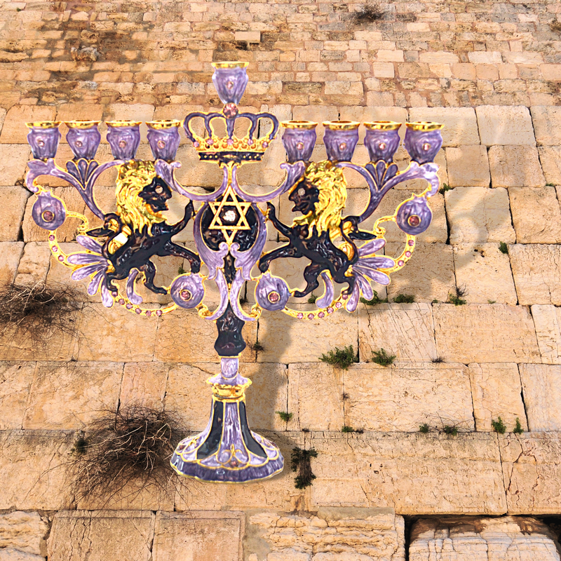 CohenTsemach Art&Gift purple Hanukkah Menorah Enamel Lions Star Of David Israel