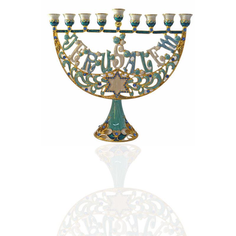 Cohen Tsemach Art & Gift Enamel Menorah Star of David & Jerusalem Hand Painted Hanukkiah Turquoise