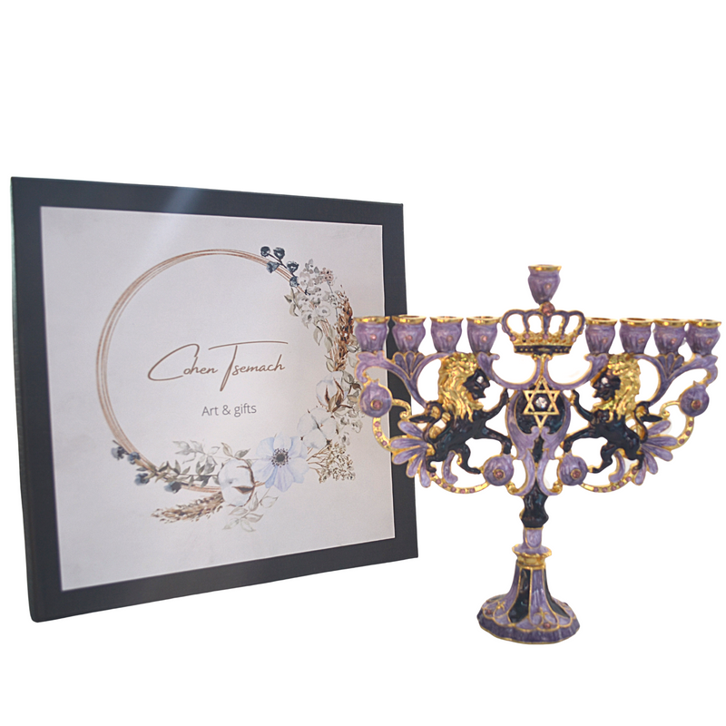 CohenTsemach Art&Gift purple Hanukkah Menorah Enamel Lions Star Of David Israel