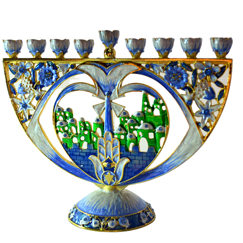 Cohen Tsemach Art&Gift Hanukkiah Blue Enamel Jerusalem pomegranate Menorah amazing menorah, combined with the old city of Jerusalem.