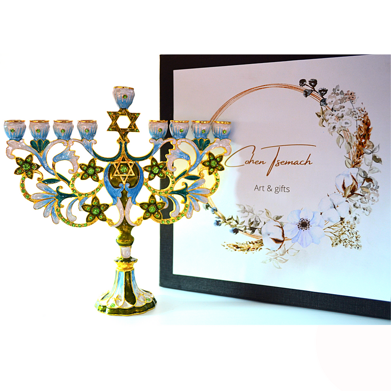 Cohen Tsemach Art & Gift Hand Painted Enamel Menorah Star of David Turquoise Hanukkiah hanukkah