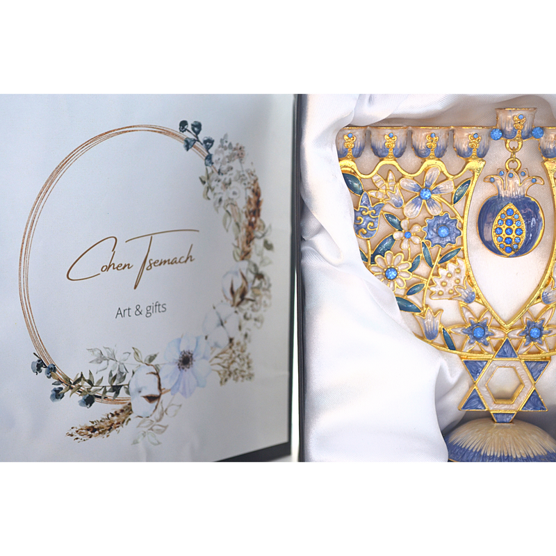 Cohen Tsemach Art&Gift Amazing Menorah Hanukkiah handmade,Blue pomegranate
