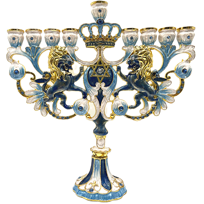 CohenTsemach Art&Gift Blue Hanukkah hanukkiah Menorah Enamel Lions Star Of David