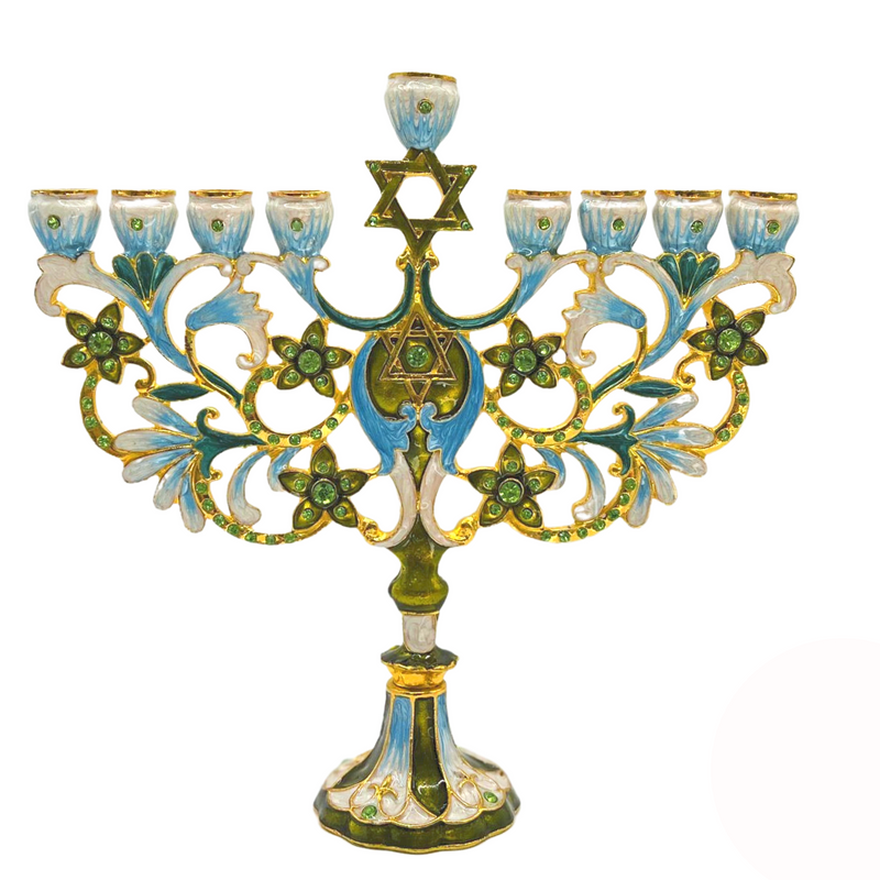 Cohen Tsemach Art & Gift Hand Painted Enamel Menorah Star of David Turquoise Hanukkiah hanukkah