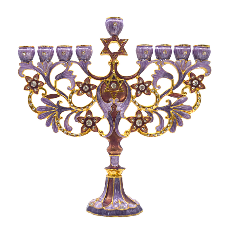 Cohen Tsemach Art & Gift Hand Painted Enamel Menorah Star of David purple Hanukkiah hanukkah