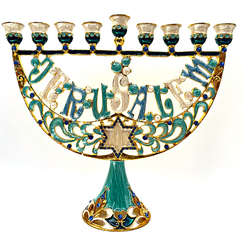 Cohen Tsemach Art & Gift Enamel Menorah Star of David & Jerusalem Hand Painted Hanukkiah Turquoise