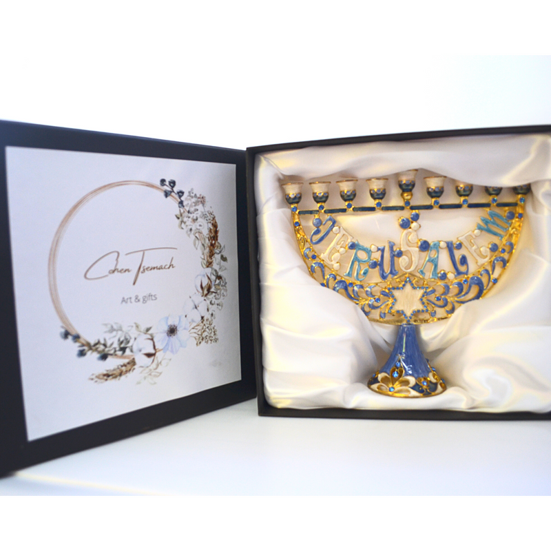 Cohen Tsemach Art & Gift Enamel Menorah Star of David & Jerusalem Hand Painted Hanukkiah Blue