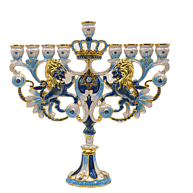 CohenTsemach Art&Gift Blue Hanukkah hanukkiah Menorah Enamel Lions Star Of David