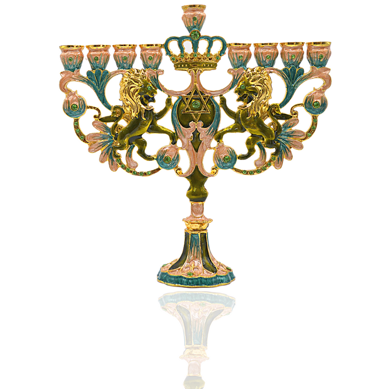 Cohen Tsemach Art&Gift Turquoise Hanukkah Menorah Enamel Lions Star Of David Hanukkiah