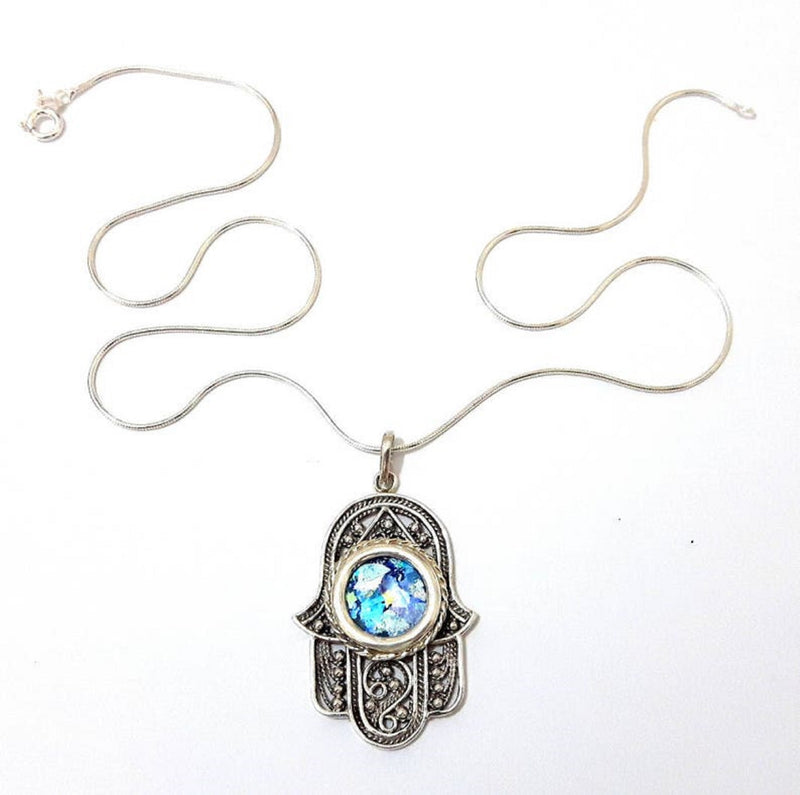 Amazing 925 Sterling Silver Roman Glass Yemenite Filigree Hamsa Pendant Necklace handmade