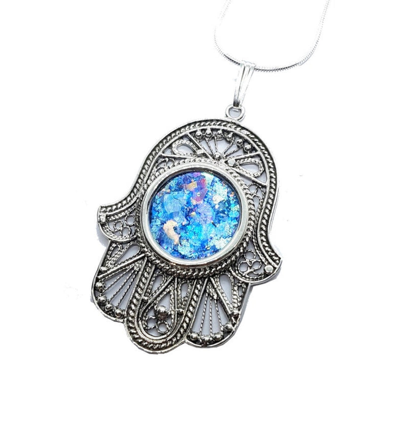 Amazing Large 925 Sterling Silver Roman Glass Filigree Hamsa Pendant necklace,Roman Glass Pendant,Holy Land Jewelry Handmade