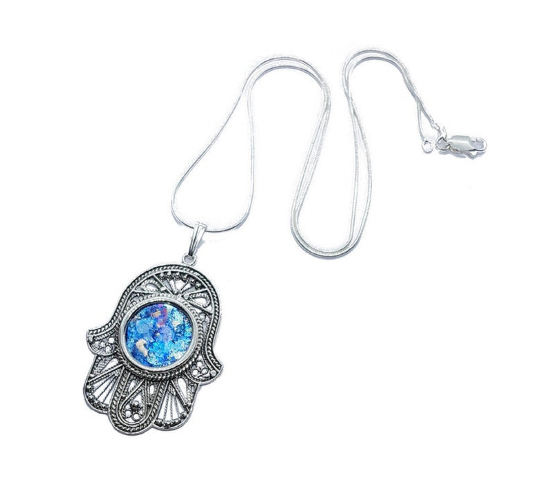 Amazing Large 925 Sterling Silver Roman Glass Filigree Hamsa Pendant necklace,Roman Glass Pendant,Holy Land Jewelry Handmade