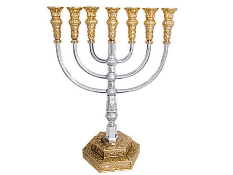 Massive Menorah 18 Inch Height Copper With Silver & 18K Gold Plating Seven Branch Oil / Candle Holder Israel Holy Land Temple