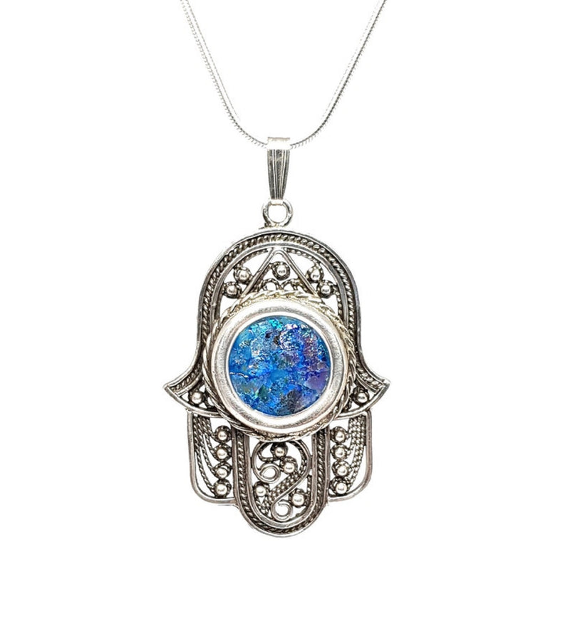 Amazing 925 Sterling Silver Roman Glass Yemenite Filigree Hamsa Pendant Necklace handmade