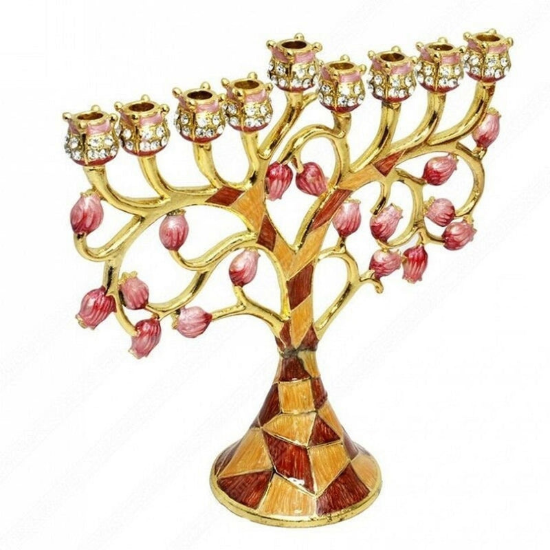 Amazing Gold Plated & Enamel 9 Branch Pomegrante Tree Chanukia Hanukkah Menorah Hanukia From Jerusalem Israel Art