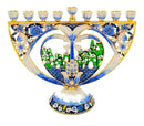 Gold Plated & Blue Enamel Nine Branch Chanukiah Pomegranate / Hand Hamsa Jerusalem Hanukkah Menorah Hanukia From Jerusalem Israel Gift Art