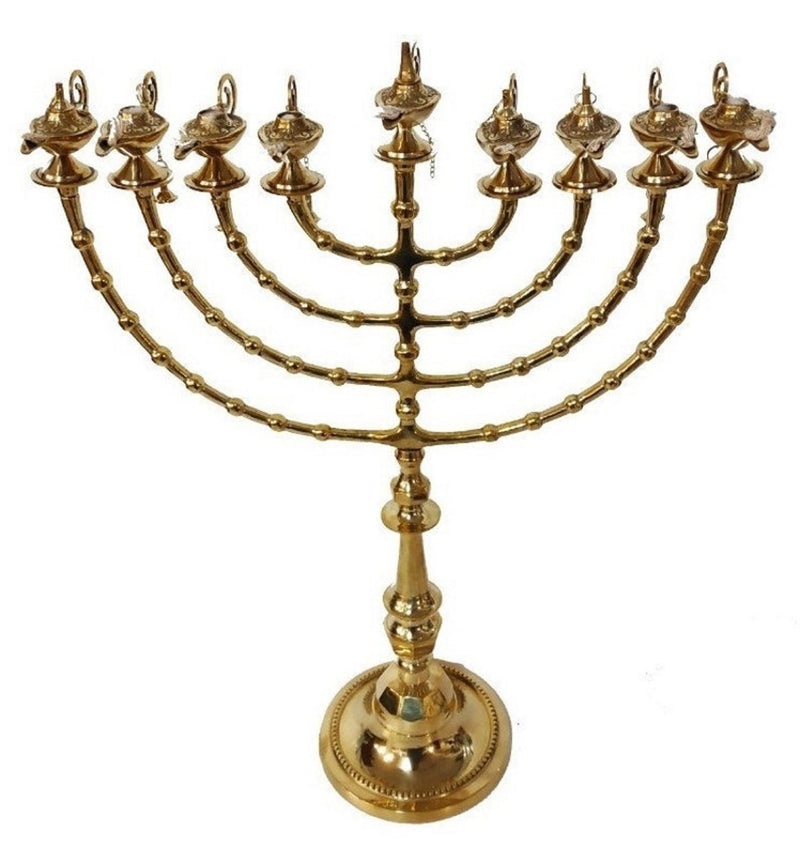 Brass Copper 16 Inch / 40 cm Height Hand Made Large Chnukiah Hanukkah Candle Holder With 9 Genie Aladdin Oil Lamp