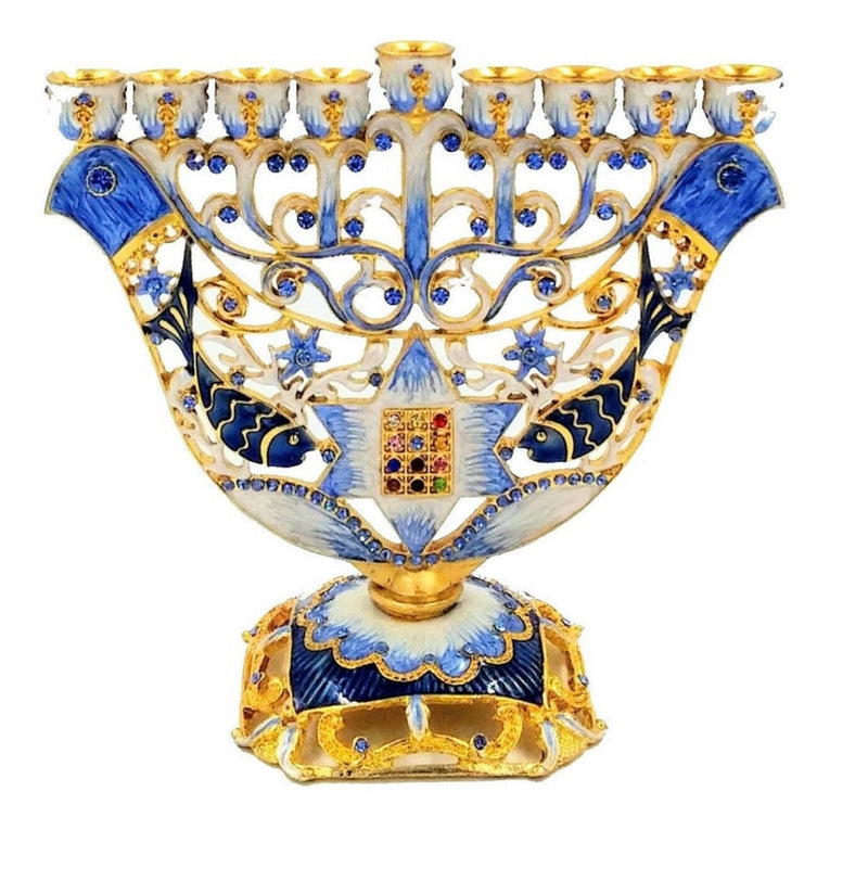 Amazing Gold Plated & Blue Enamel With Zircons Inlay 9 Branch Chanukia Two Doves / Hoshen / Star Of David Hanukkah Menorah From Jerusalem