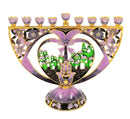 Gold Plated And Purple Enamel Nine Branch Chanikiah Pomegranate & Hamsa Hand Jerusalem Hanukkah Menorah Hanukia From Israel Jerusalem Art