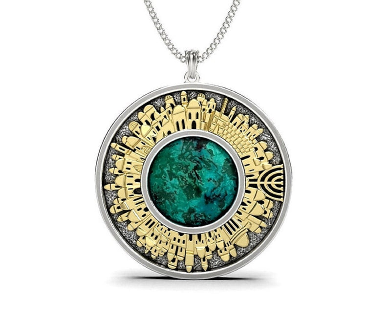 925 Silver and 9k Gold Eilat Stone Jerusalem Necklace,Eilat Stone Pendant