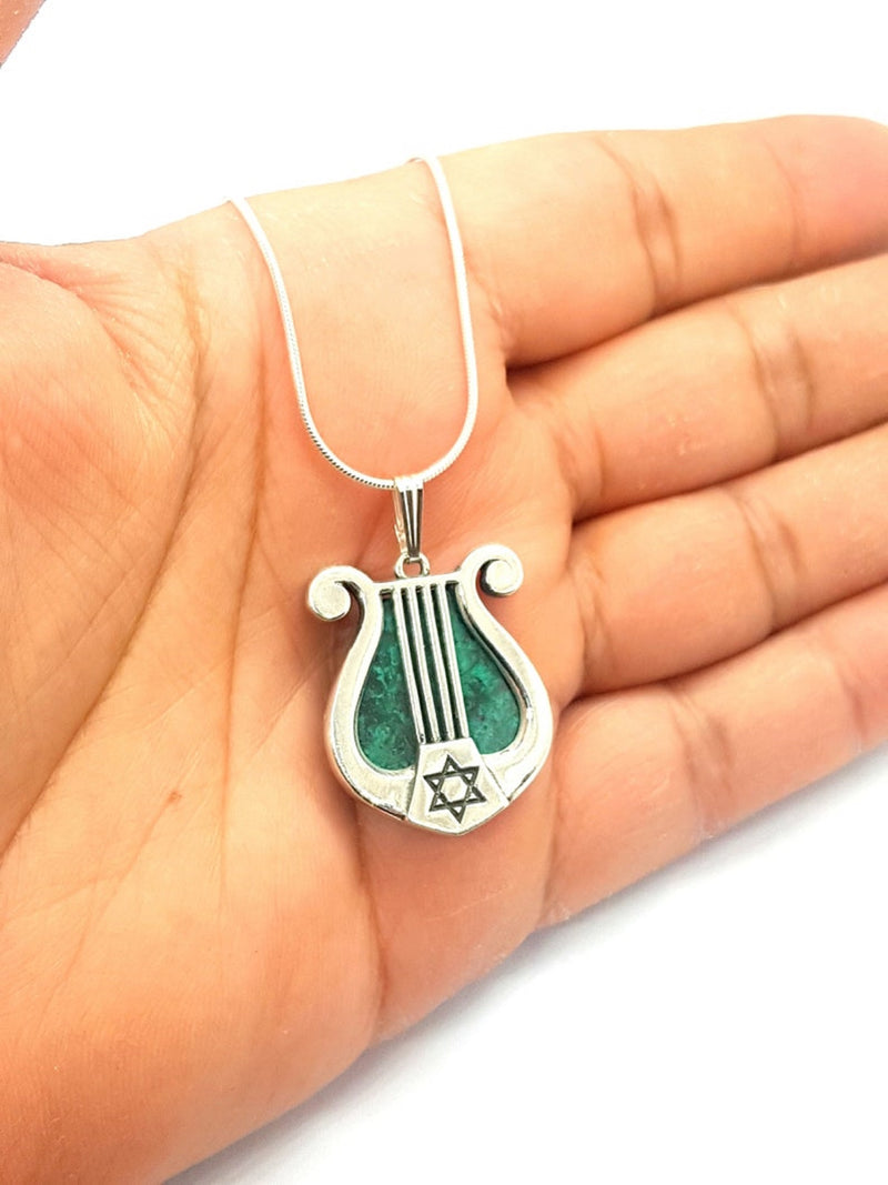 Eilat Stone 925 Sterling Silver Harp Pendant ,Eilat Stone Star Of David Pendant ,King David Harp Pendant ,Harp Necklace,Lyre Pendant