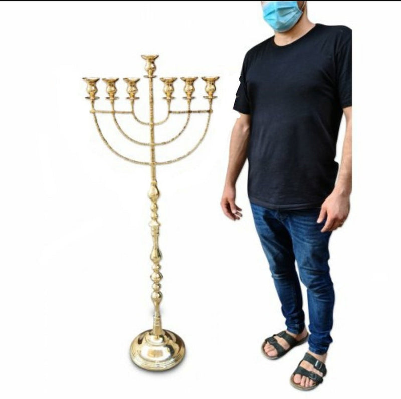 Brass Copper Seven Branch EXTRA HIGH MENORAH 52 Inch / 1.35 Meters Height For Carry Oil Glasses / Candles Judaica Gift