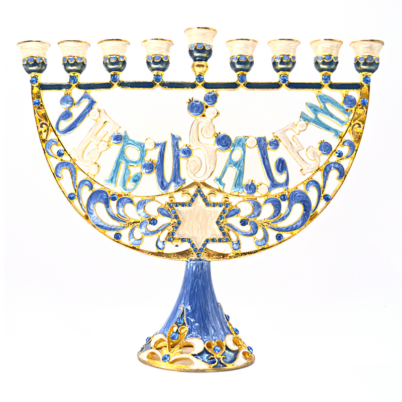 Cohen Tsemach Art & Gift Enamel Menorah Star of David & Jerusalem Hand Painted Hanukkiah Blue