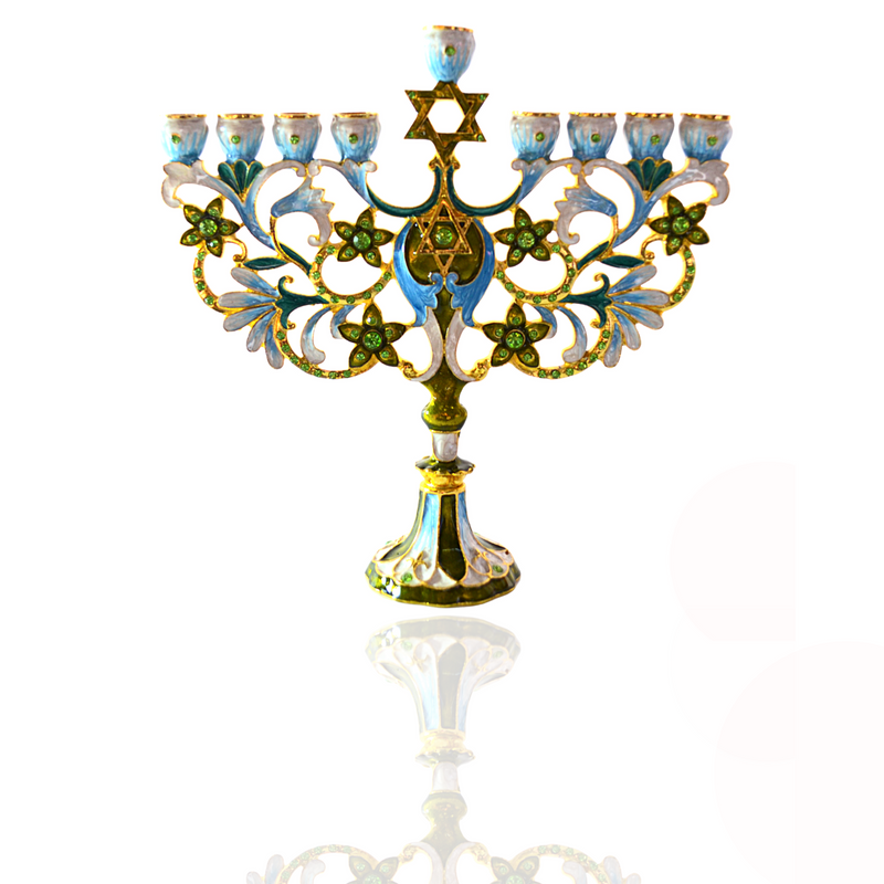 Cohen Tsemach Art & Gift Hand Painted Enamel Menorah Star of David Turquoise Hanukkiah hanukkah