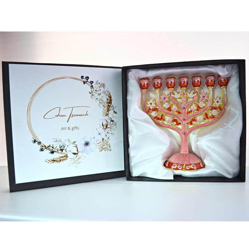 Cohen Tsemach Art & Gift 7 Branch Menorah Candle Holder Crystal Rhinestones Bejeweled Hand-Painted Star of David Enamel Candlesticks Motifs of pomegranates and doves pink